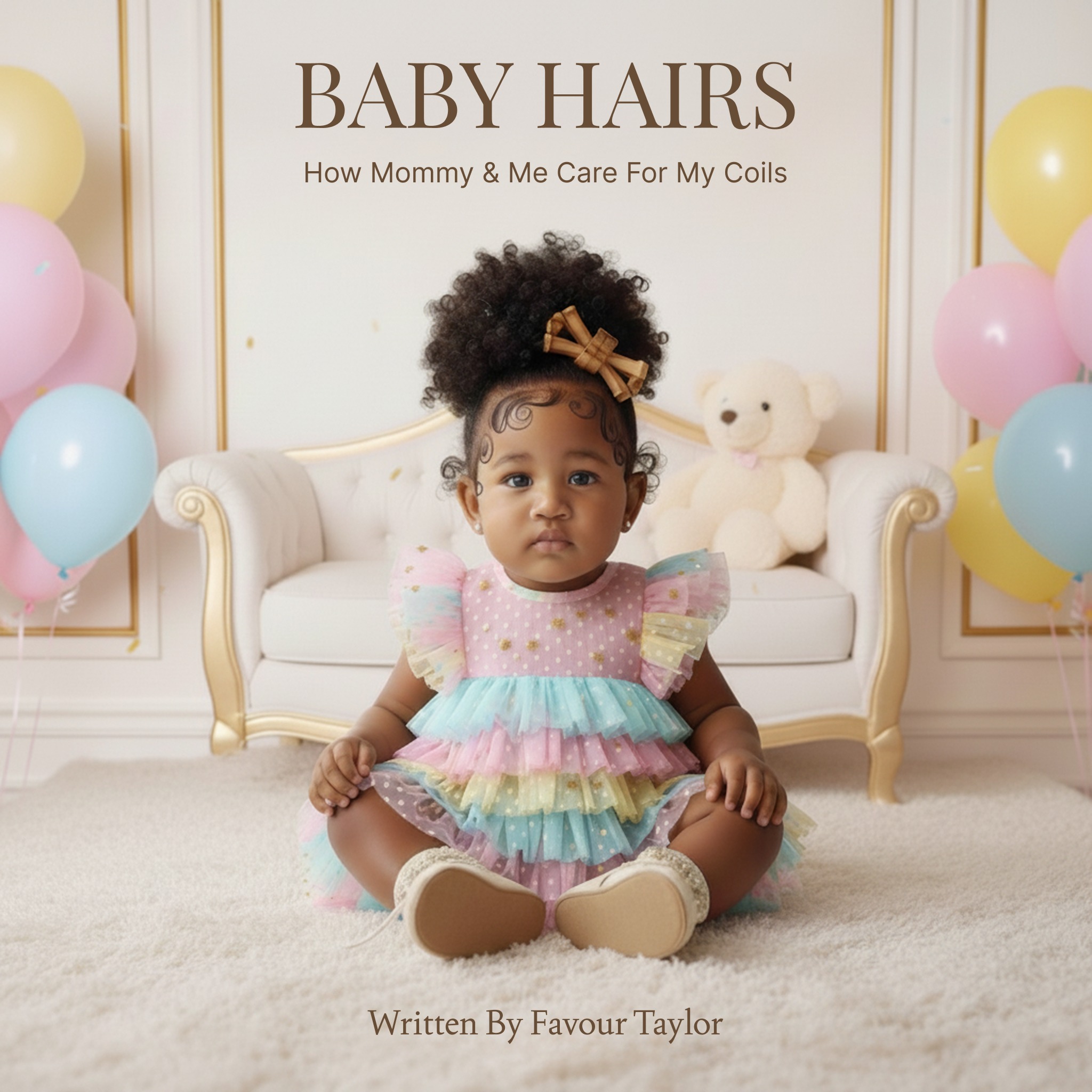 Baby Hairs guide cover showing baby Favor in pastel rainbow dress