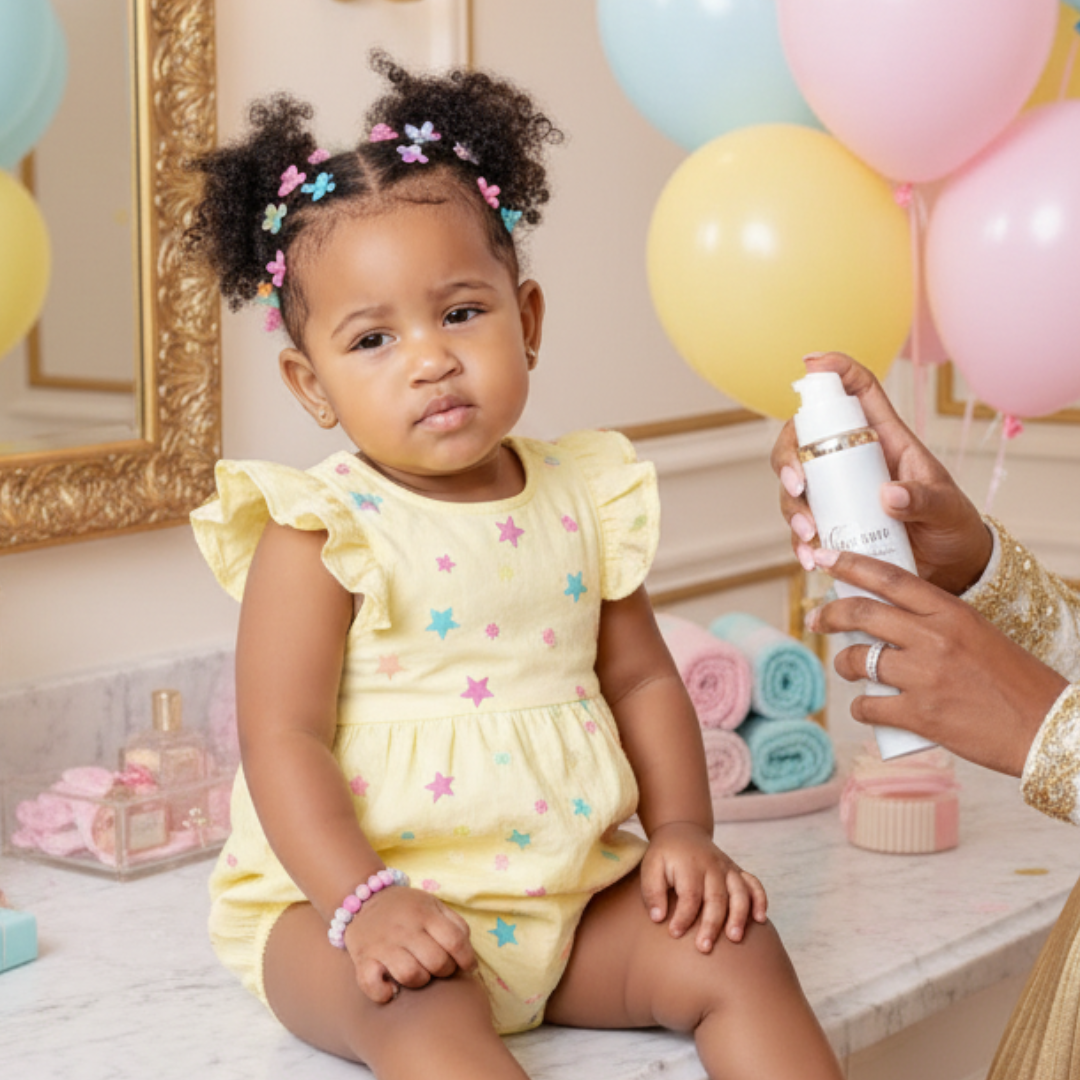 Baby Favor in yellow outfit with hair care products and pastel balloons