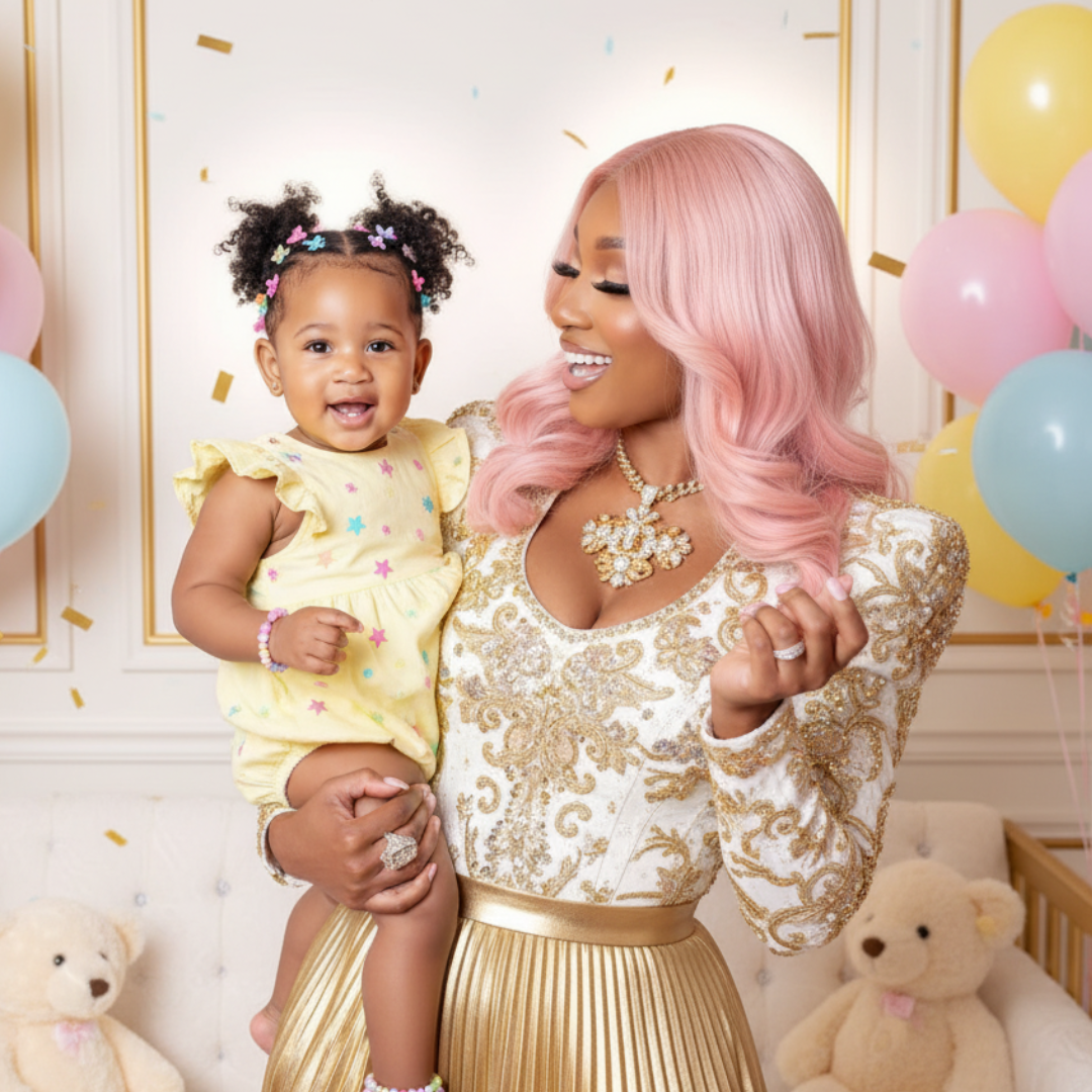 Mom Ti with pink hair holding baby Favor in yellow outfit with pastel balloons